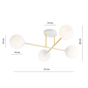 Plafoniera Moderna Magnium 4 Luci In Acciao Oro E Sfere In Vetro Bianco