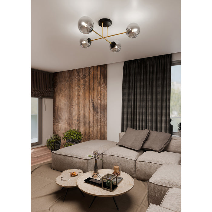 Plafoniera Moderna Magnium 4 Luci In Acciao Oro E Sfere In Vetro Fumè