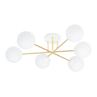 Plafoniera Moderna Magnium 6 Luci In Acciao Oro E Sfere In Vetro Bianco