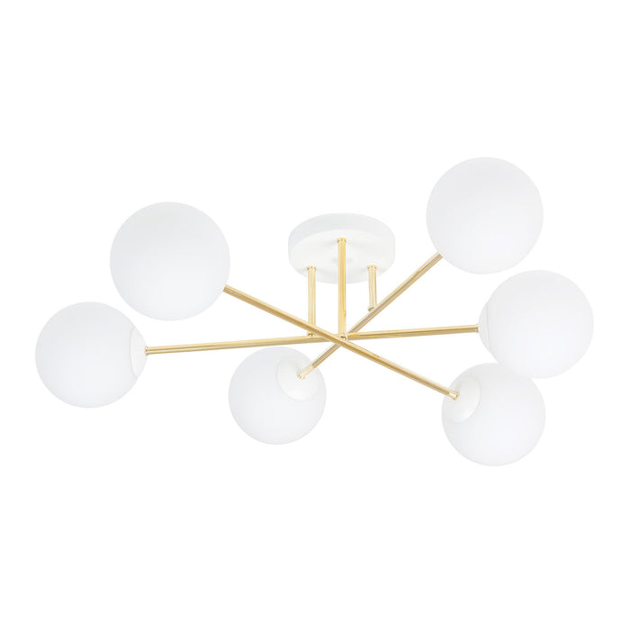 Plafoniera Moderna Magnium 6 Luci In Acciao Oro E Sfere In Vetro Bianco