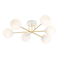 Plafoniera Moderna Magnium 6 Luci In Acciao Oro E Sfere In Vetro Bianco