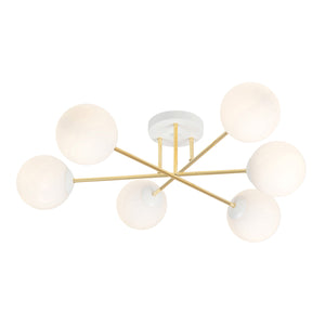 Plafoniera Moderna Magnium 6 Luci In Acciao Oro E Sfere In Vetro Bianco