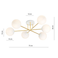 Plafoniera Moderna Magnium 6 Luci In Acciao Oro E Sfere In Vetro Bianco