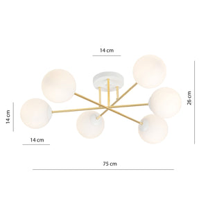 Plafoniera Moderna Magnium 6 Luci In Acciao Oro E Sfere In Vetro Bianco