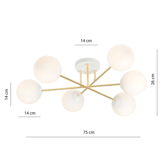 Plafoniera Moderna Magnium 6 Luci In Acciao Oro E Sfere In Vetro Bianco