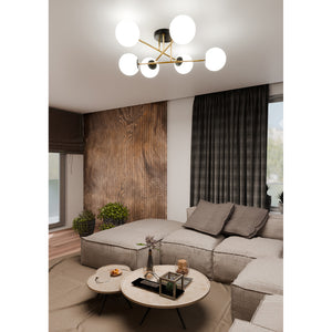 Plafoniera Moderna Magnium 6 Luci In Acciao Nero Oro E Sfere In Vetro Bianco