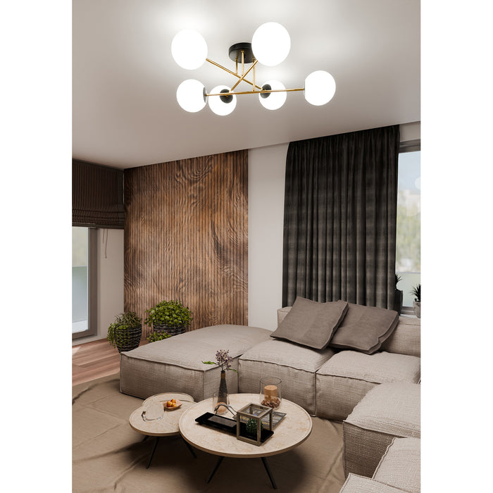 Plafoniera Moderna Magnium 6 Luci In Acciao Nero Oro E Sfere In Vetro Bianco