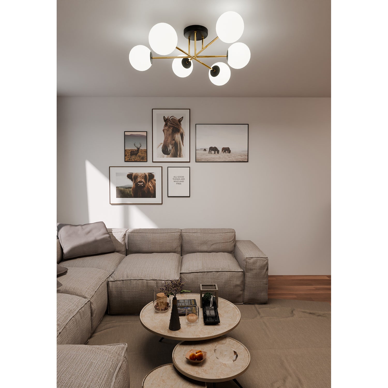 Plafoniera Moderna Magnium 6 Luci In Acciao Nero Oro E Sfere In Vetro Bianco