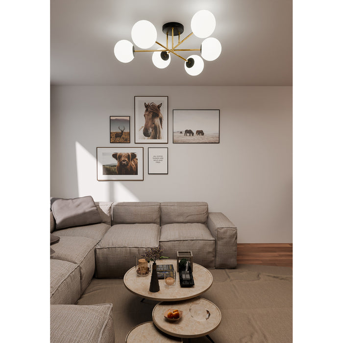 Plafoniera Moderna Magnium 6 Luci In Acciao Nero Oro E Sfere In Vetro Bianco