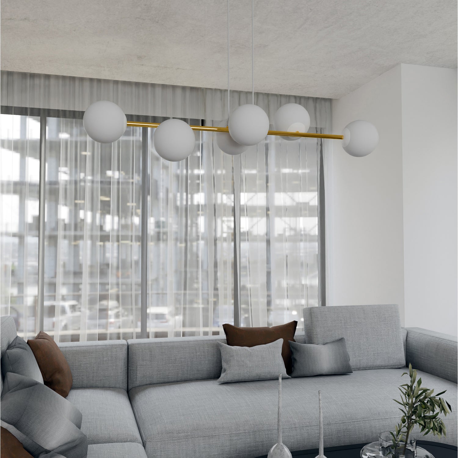 Sospensione Contemporanea Rhiannon 6 Luci In Acciaio Bianco E Oro E Vetro Bianco