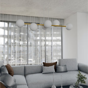 Sospensione Contemporanea Rhiannon 6 Luci In Acciaio Bianco E Oro E Vetro Bianco