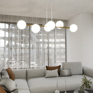 Sospensione Contemporanea Rhiannon 6 Luci In Acciaio Bianco E Oro E Vetro Bianco