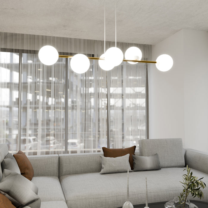 Sospensione Contemporanea Rhiannon 6 Luci In Acciaio Bianco E Oro E Vetro Bianco