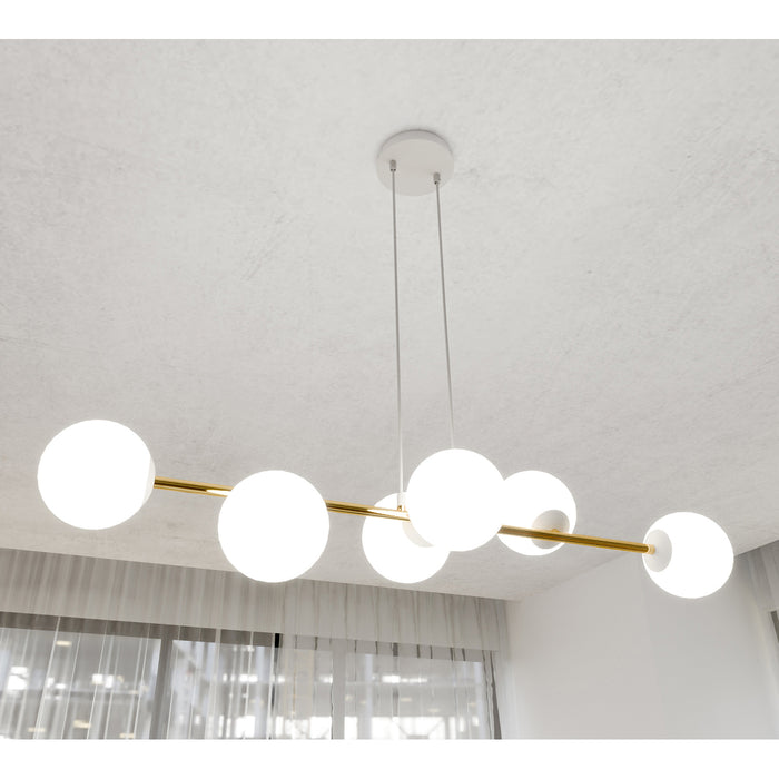 Sospensione Contemporanea Rhiannon 6 Luci In Acciaio Bianco E Oro E Vetro Bianco