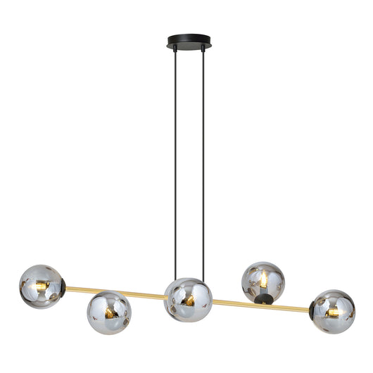 Sospensione Contemporanea Rhiannon 6 Luci In Acciaio Oro E Sfere In Vetro Fumè