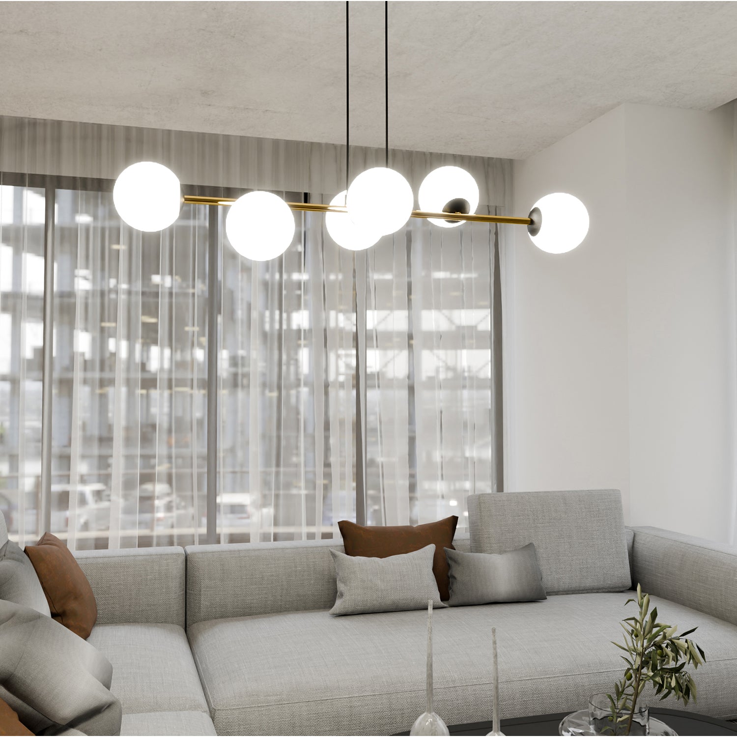 Sospensione Contemporanea Rhiannon 6 Luci In Acciaio Oro E Sfere In Vetro Bianco