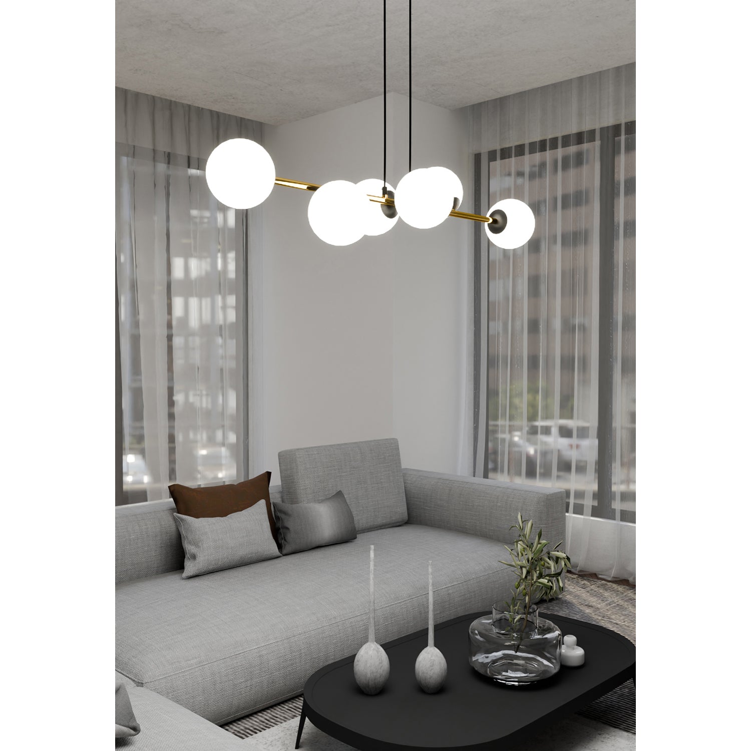 Sospensione Contemporanea Rhiannon 6 Luci In Acciaio Oro E Sfere In Vetro Bianco