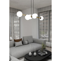 Sospensione Contemporanea Rhiannon 6 Luci In Acciaio Oro E Sfere In Vetro Bianco