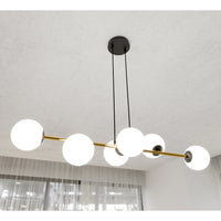 Sospensione Contemporanea Rhiannon 6 Luci In Acciaio Oro E Sfere In Vetro Bianco