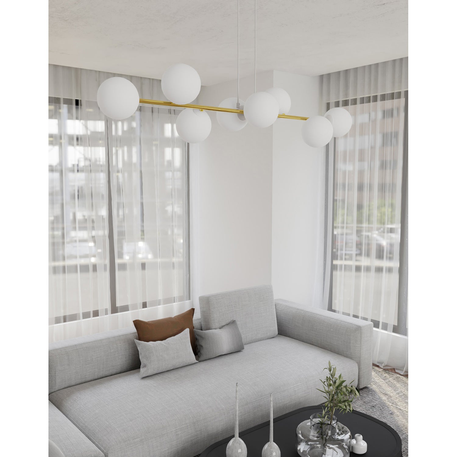 Sospensione Contemporanea Rhiannon 8 Luci In Acciaio Bianco E Oro E Vetro Bianco