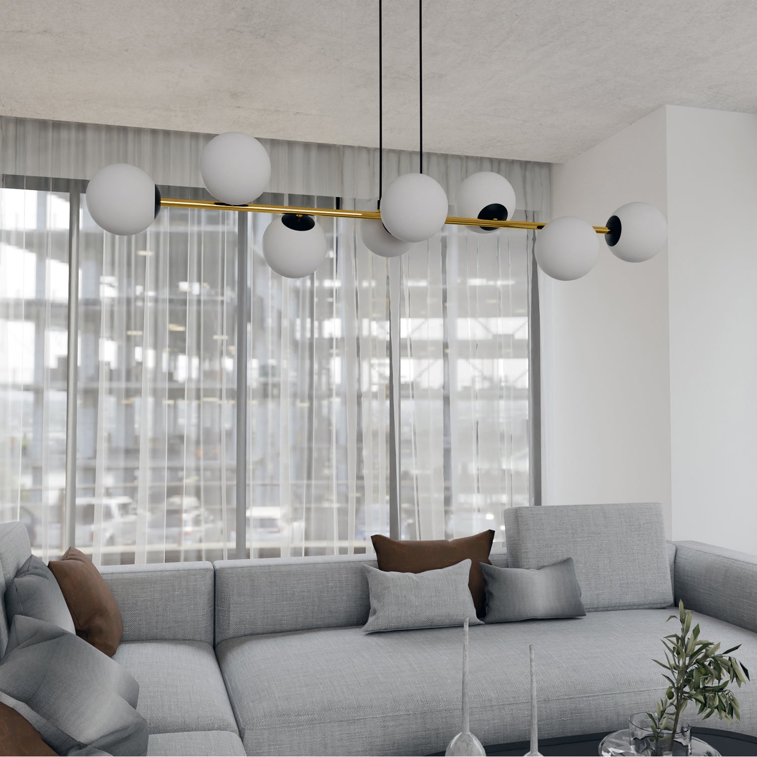Sospensione Contemporanea Rhiannon 8 Luci In Acciaio Oro E Sfere In Vetro Bianco