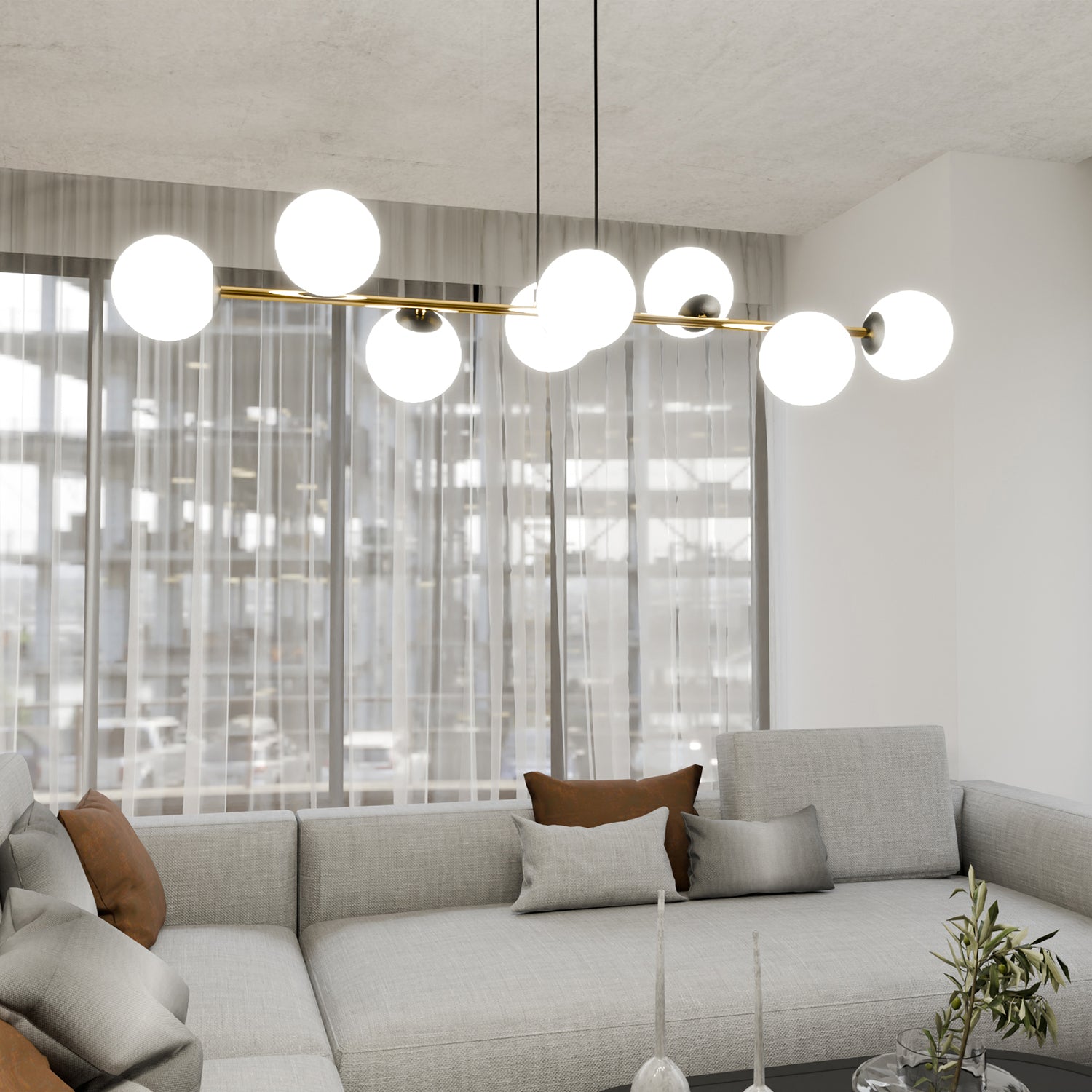 Sospensione Contemporanea Rhiannon 8 Luci In Acciaio Oro E Sfere In Vetro Bianco