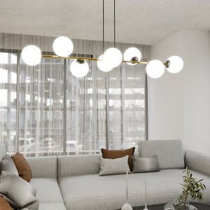 Sospensione Contemporanea Rhiannon 8 Luci In Acciaio Oro E Sfere In Vetro Bianco