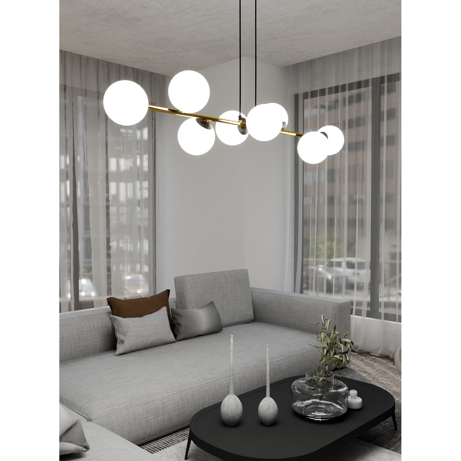 Sospensione Contemporanea Rhiannon 8 Luci In Acciaio Oro E Sfere In Vetro Bianco