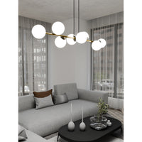 Sospensione Contemporanea Rhiannon 8 Luci In Acciaio Oro E Sfere In Vetro Bianco