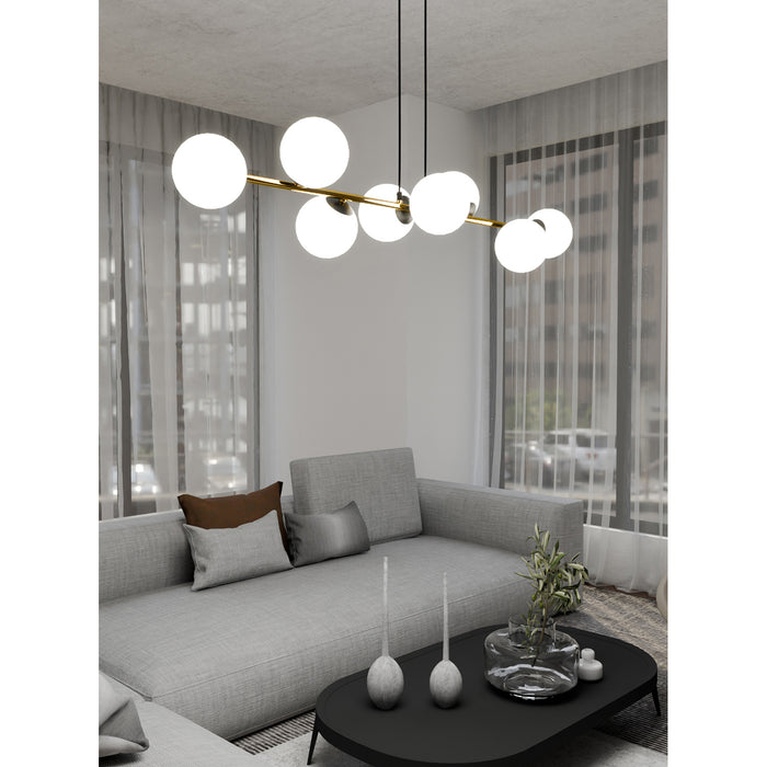 Sospensione Contemporanea Rhiannon 8 Luci In Acciaio Oro E Sfere In Vetro Bianco