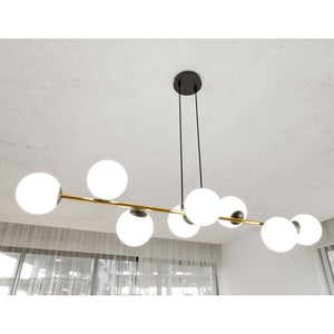 Sospensione Contemporanea Rhiannon 8 Luci In Acciaio Oro E Sfere In Vetro Bianco