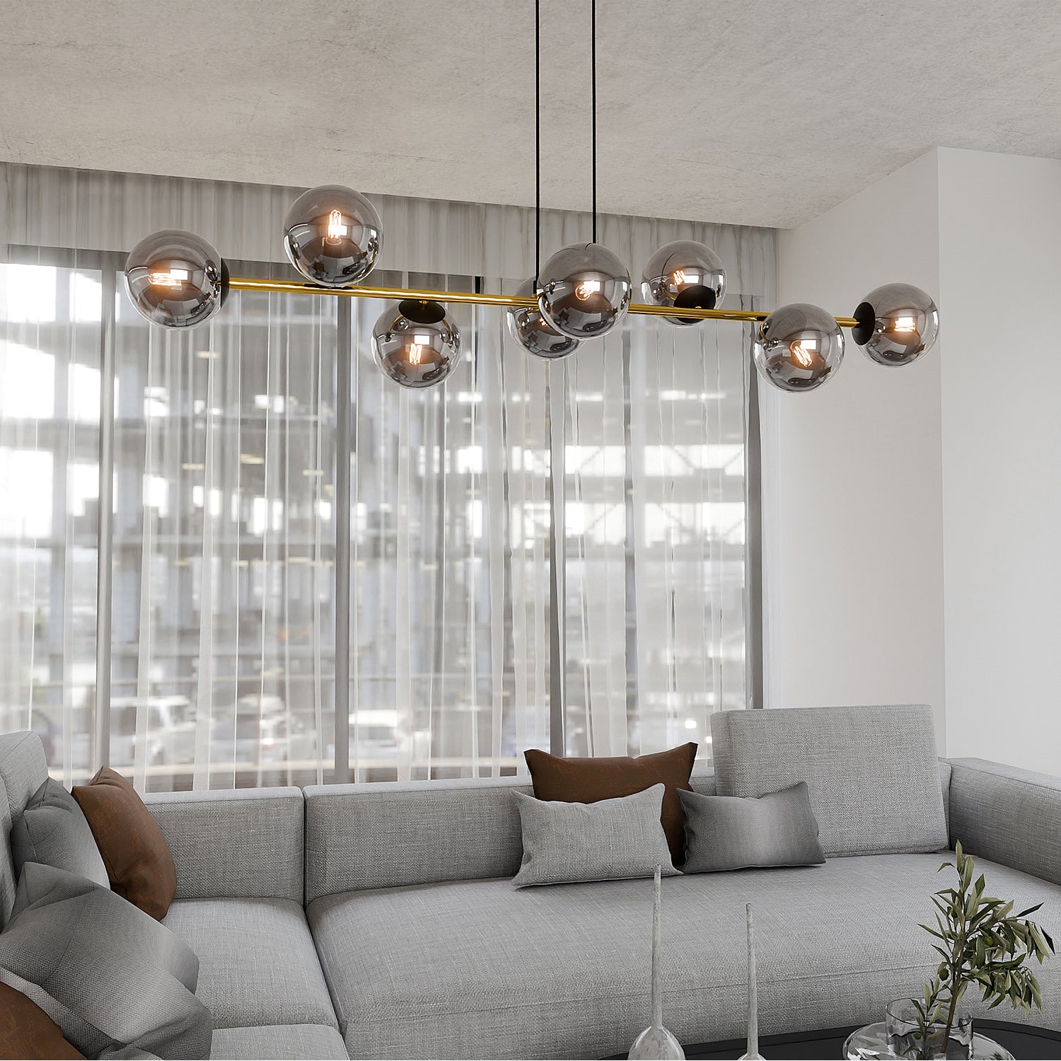 Sospensione Contemporanea Rhiannon 8 Luci In Acciaio Oro E Sfere In Vetro Fumè