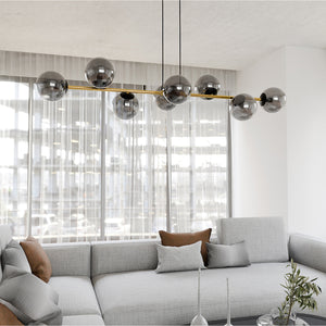 Sospensione Contemporanea Rhiannon 8 Luci In Acciaio Oro E Sfere In Vetro Fumè