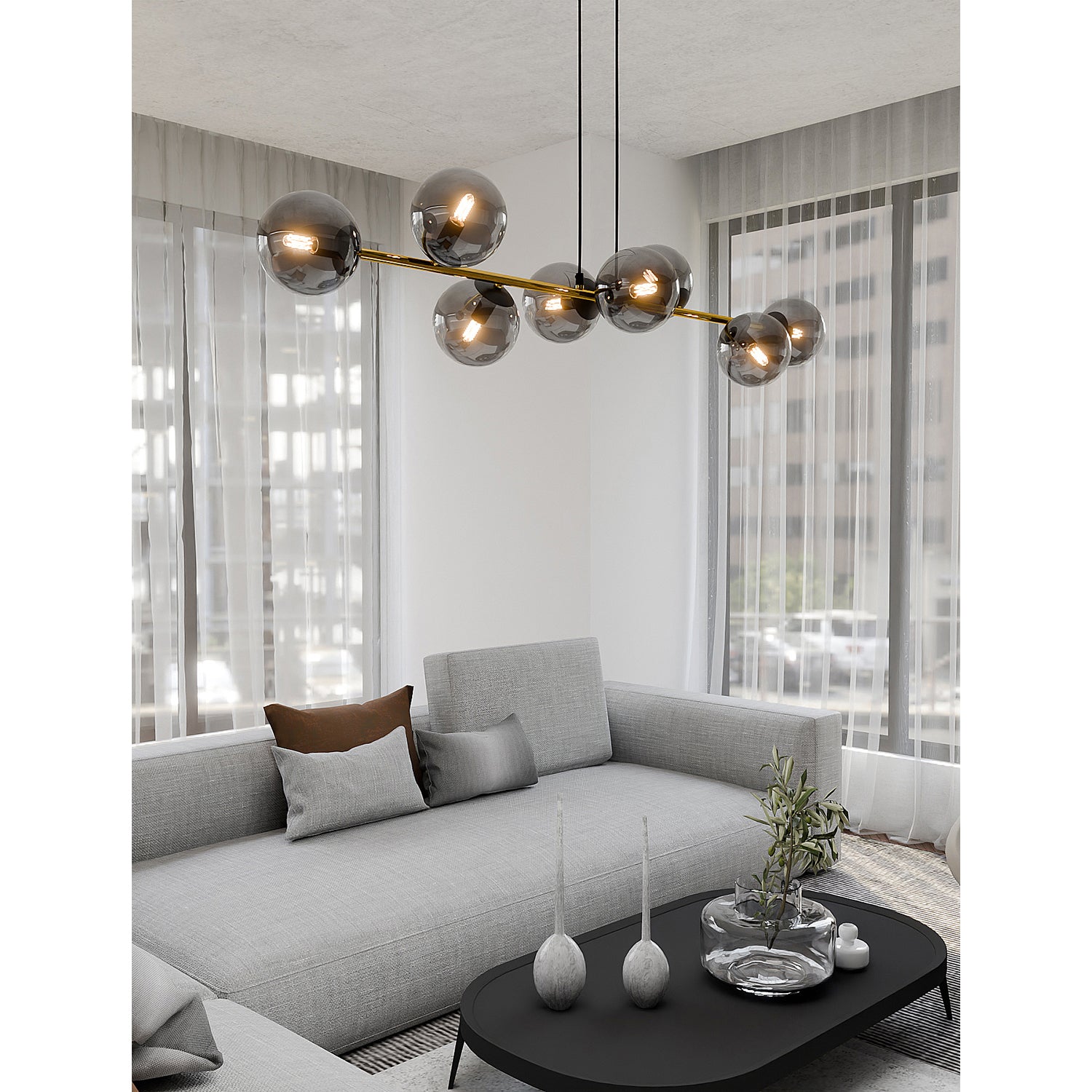 Sospensione Contemporanea Rhiannon 8 Luci In Acciaio Oro E Sfere In Vetro Fumè