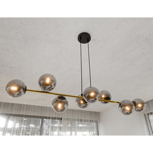 Sospensione Contemporanea Rhiannon 8 Luci In Acciaio Oro E Sfere In Vetro Fumè