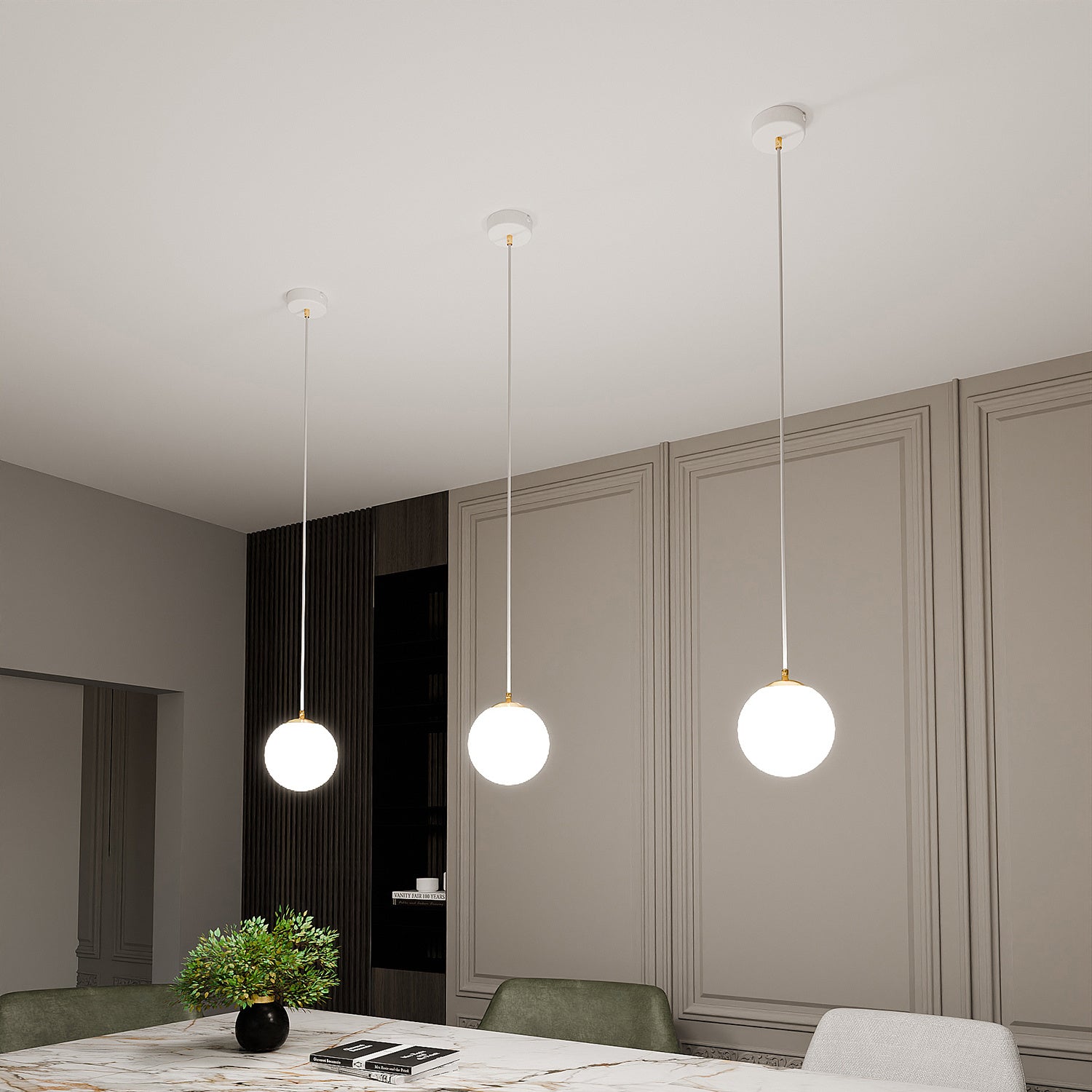 Sospensione Contemporanea Nuada 1 Luce In Acciaio Bianco Sfera Vetro Bianco