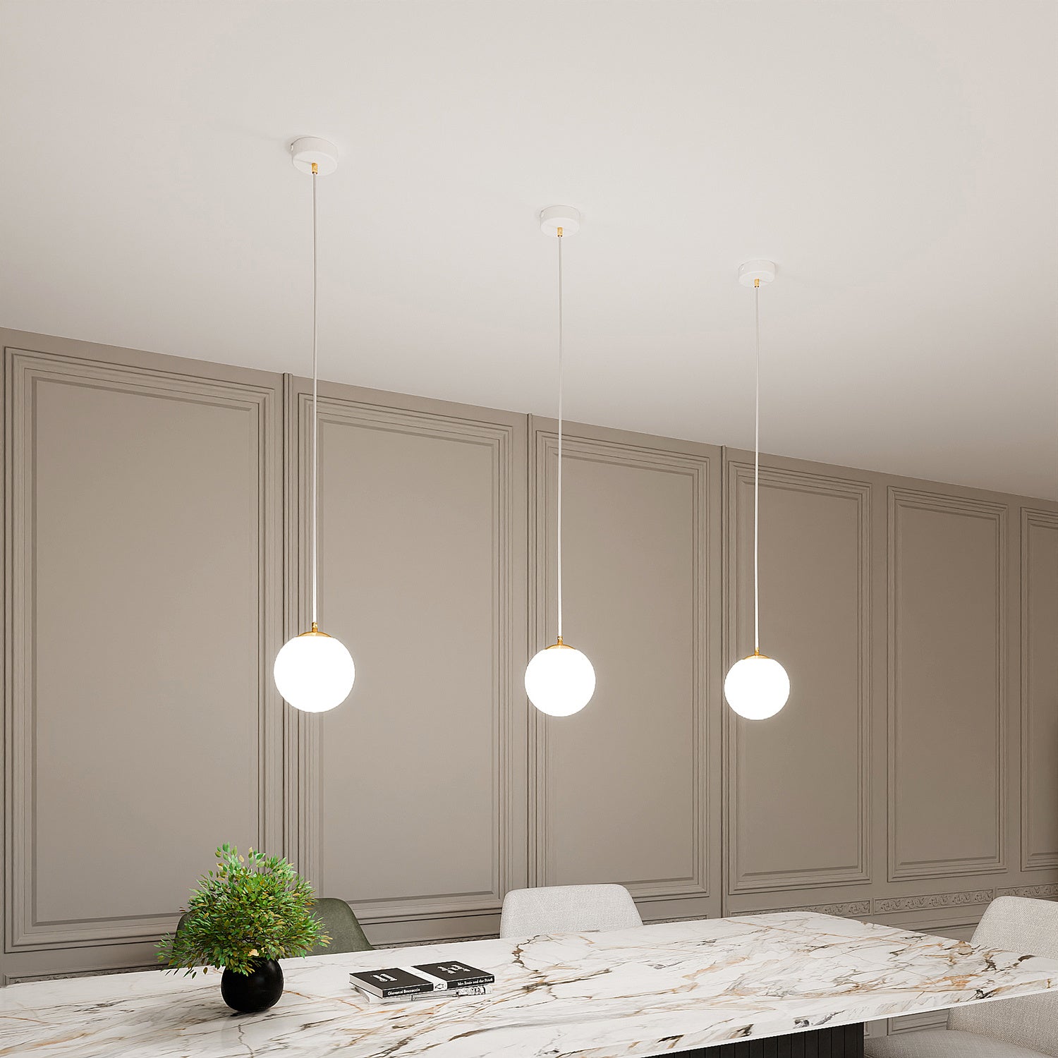 Sospensione Contemporanea Nuada 1 Luce In Acciaio Bianco Sfera Vetro Bianco