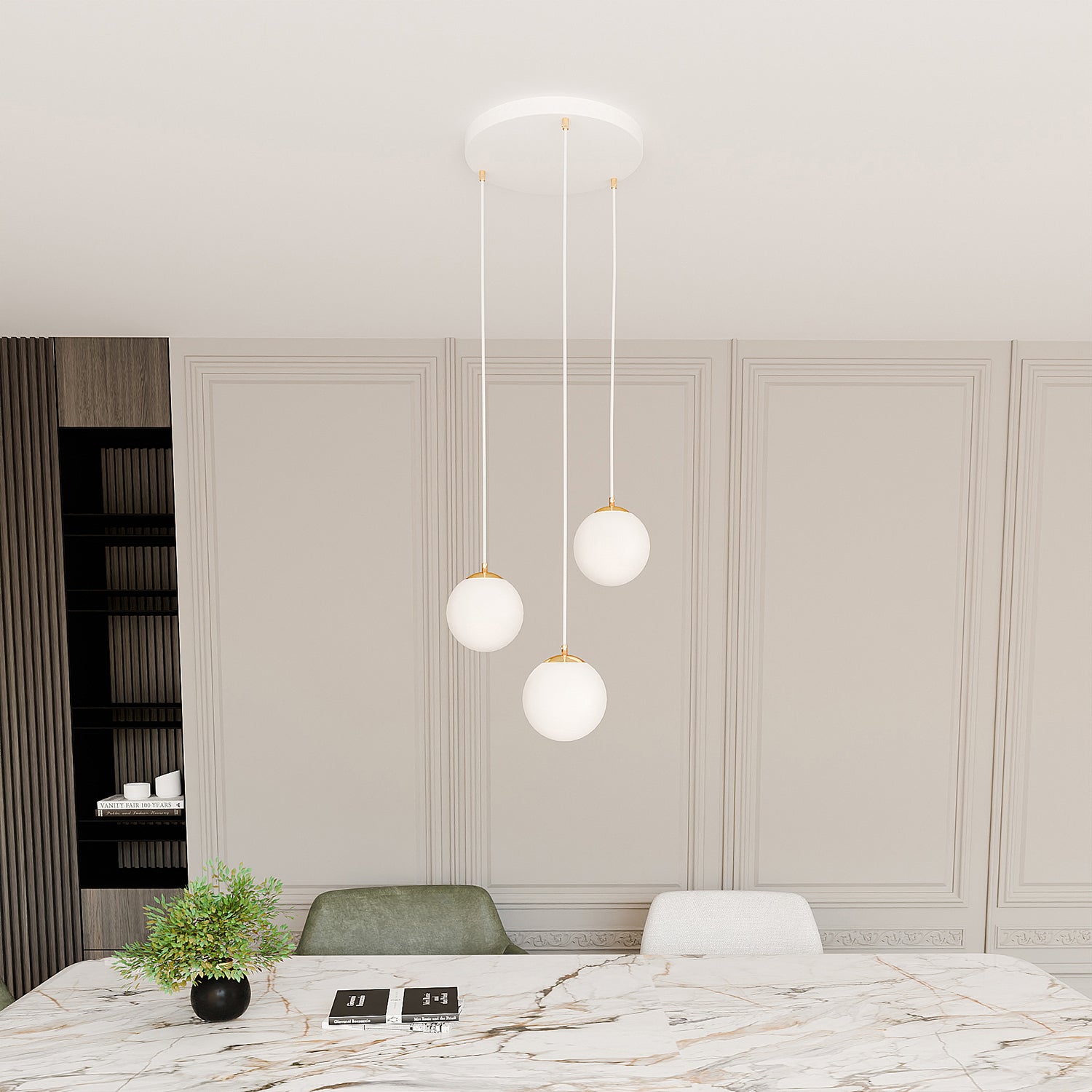 Sospensione Contemporanea Nuada 3 Luci In Acciaio Bianco Sfera Vetro Bianco