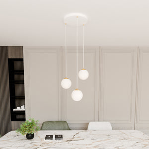 Sospensione Contemporanea Nuada 3 Luci In Acciaio Bianco Sfera Vetro Bianco