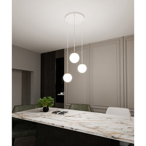 Sospensione Contemporanea Nuada 3 Luci In Acciaio Bianco Sfera Vetro Bianco