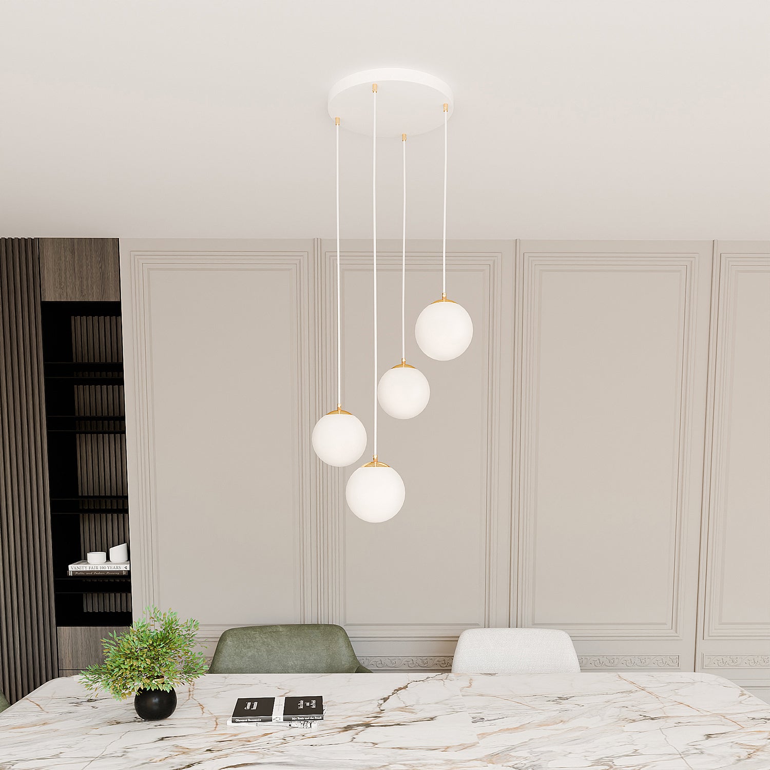 Sospensione Contemporanea Nuada 4 Luci In Acciaio Bianco Sfera Vetro Bianco