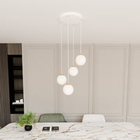 Sospensione Contemporanea Nuada 4 Luci In Acciaio Bianco Sfera Vetro Bianco