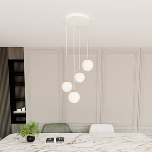 Sospensione Contemporanea Nuada 4 Luci In Acciaio Bianco Sfera Vetro Bianco