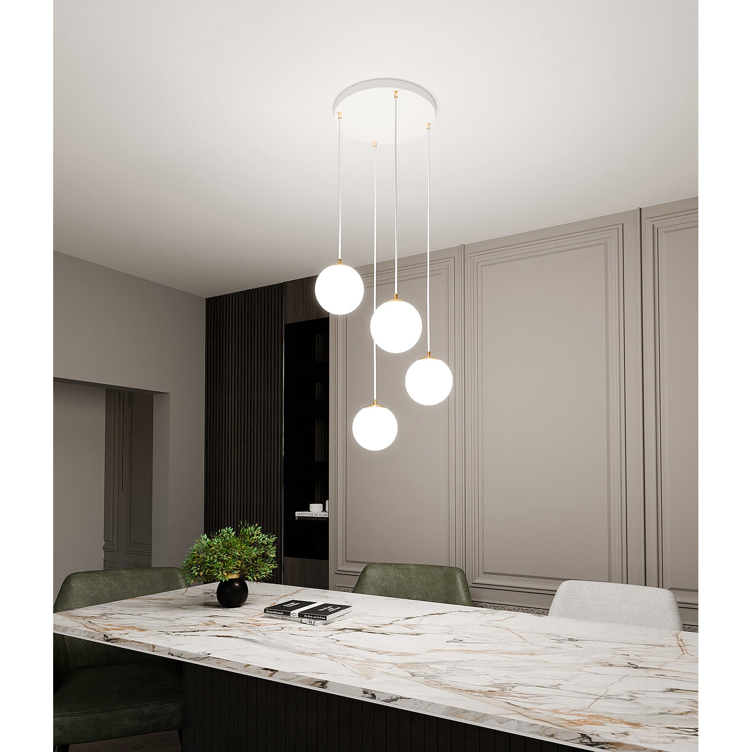 Sospensione Contemporanea Nuada 4 Luci In Acciaio Bianco Sfera Vetro Bianco