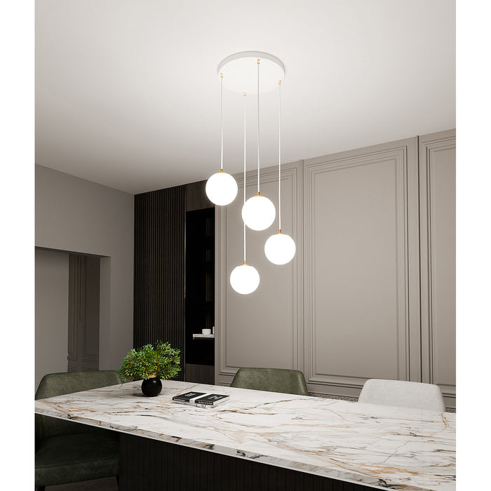 Sospensione Contemporanea Nuada 4 Luci In Acciaio Bianco Sfera Vetro Bianco