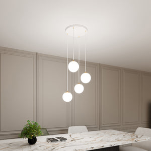 Sospensione Contemporanea Nuada 4 Luci In Acciaio Bianco Sfera Vetro Bianco