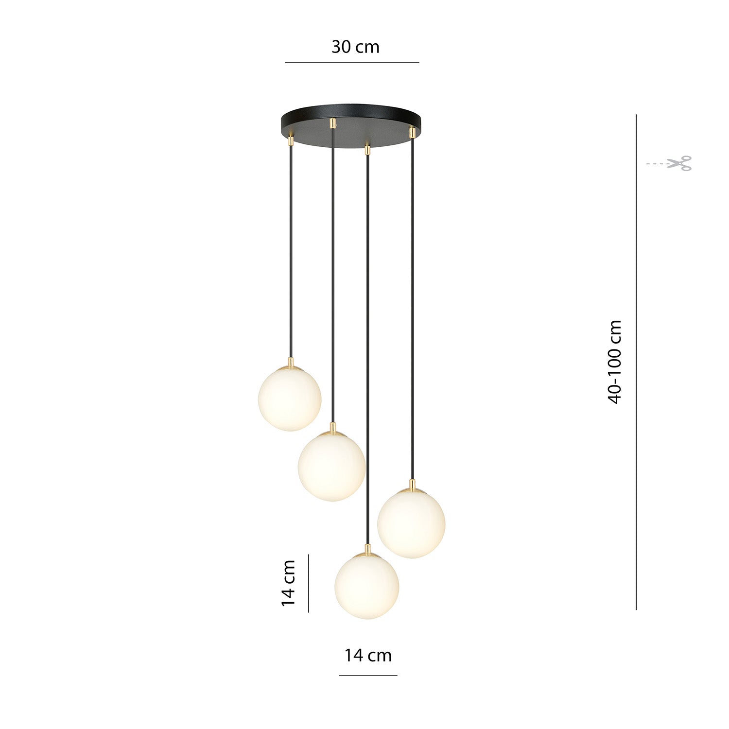 Sospensione Contemporanea Nuada 4 Luci In Acciaio Nero/Oro Sfere Vetro Bianco