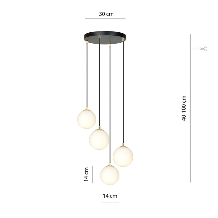 Sospensione Contemporanea Nuada 4 Luci In Acciaio Nero/Oro Sfere Vetro Bianco