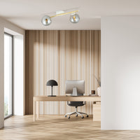 Plafoniera Contemporanea 2 Luci Eracle In Acciaio Oro/Bianco E Sfere Vetro Fumè