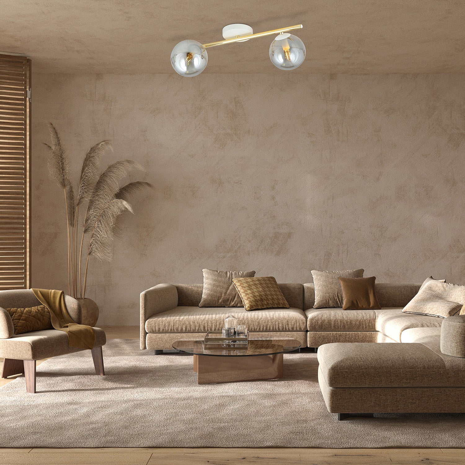 Plafoniera Contemporanea 2 Luci Eracle In Acciaio Oro/Bianco E Sfere Vetro Fumè